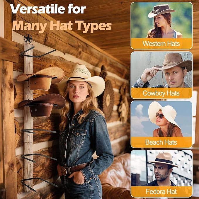 Cowboy Hat Rack Holder for Wall: 6 Pack Cowboy Hat Rack for Wall Mount, Metal Wild Western Style Design Hat Organizer Storage Cowboy Hats Hanger Hooks for Fedora, Sun Hats, Wide Brim