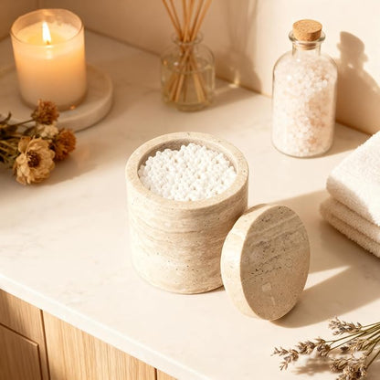 Natural Marble Canister, Cotton Swab Holder with Lid, Marble Toothbrush Holder Qtip Holder Storage for Cotton Swab, Floss Picks, Makeup Pad, Bath Salt, Beige White Travertine(NS019)