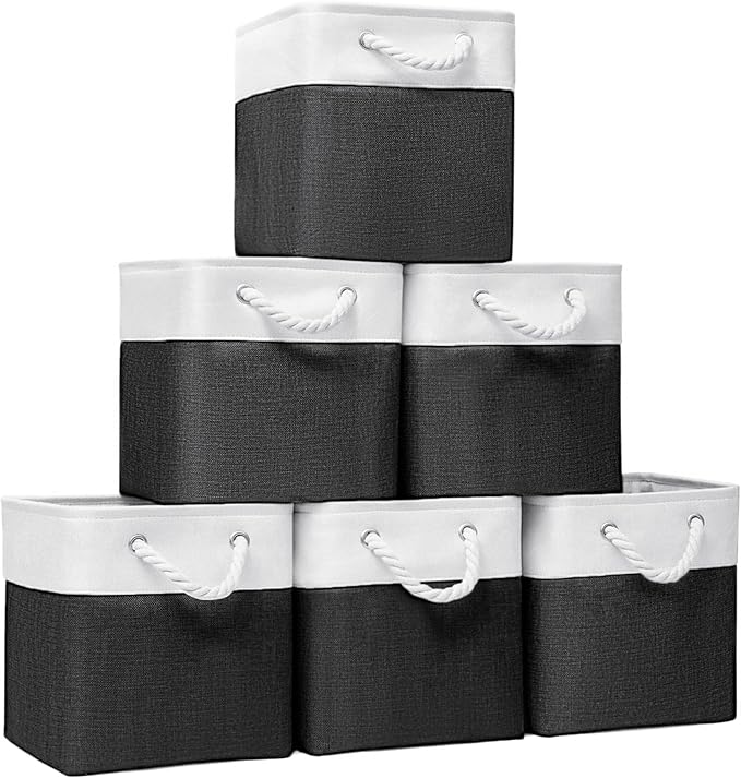 11x11 Inch Cube Storage Bins, 6 Pack Fabric Storage Cubes for Shelves, Cube Organizer Bins with Handles, Cloth Cubby Storage Bins for Home(White/black)
