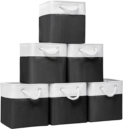 11x11 Inch Cube Storage Bins, 6 Pack Fabric Storage Cubes for Shelves, Cube Organizer Bins with Handles, Cloth Cubby Storage Bins for Home(White/black)