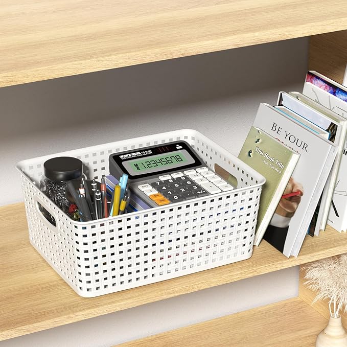 Medium Plastic Woven Storage Basket, Colorful Storage Basket, 4 Packs
