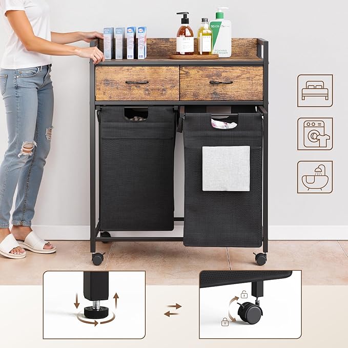 Mondeer Laundry Sorter with 2 Drawers, 100L with Pull-Out Removable Laundry Bags, Laundry Hamper Baskets with 2 Section and Wheels, Rustic Brown and Black