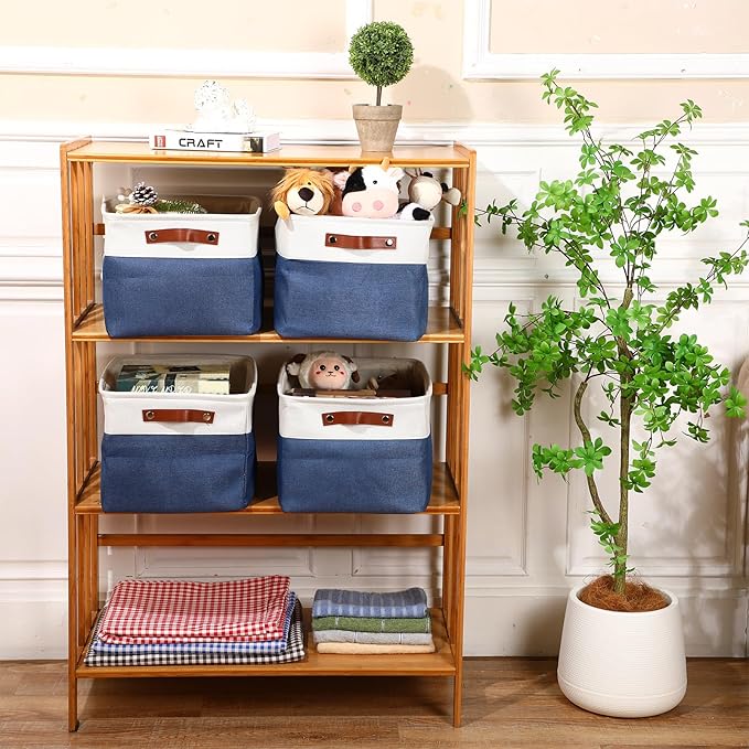 Uiifan 8 Pack 16 x 12 x 10 Inch Large Storage Baskets Collapsible Fabric Storage Cubes Bins with Handles for Shelves Closets Nursery Home Clothes Toys Organizers, Blue