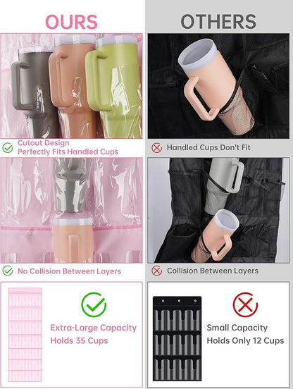NiHome 35-Pocket Large Capacity Door Cup Organizer Fit for Stanley Tumblers 30oz, 40oz, Door Hanging Water Bottle Storage Double-Sided Tape Stabilizer, Waterproof Oxford Fabric, Transparent (Pink)