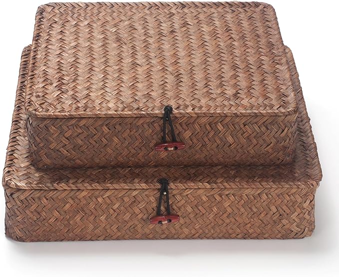 Seagrass Storage Basket Bins with Lid Rectangular Woven Shelf Baskets for Organize Snack Toys Set of 2 (Large+Small) (Coffee)