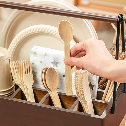 PTSTING Silverware Caddy with Handle Acacia Wood Utensil Holder Paper Plate Dispenser for Countertop Flatware Organizer Box for Spoons Forks Plates Cups Napkins