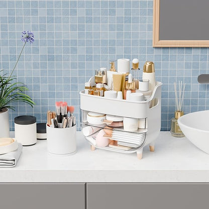 Yieach White Make up Organizer for Countertop,Vanity,Large Capacity Bathroom Makeup Skincare Organizers With Brush Holder,Makeup Storage Organizer for Lotion,Beauty Products,Skin Care,Makeup Display
