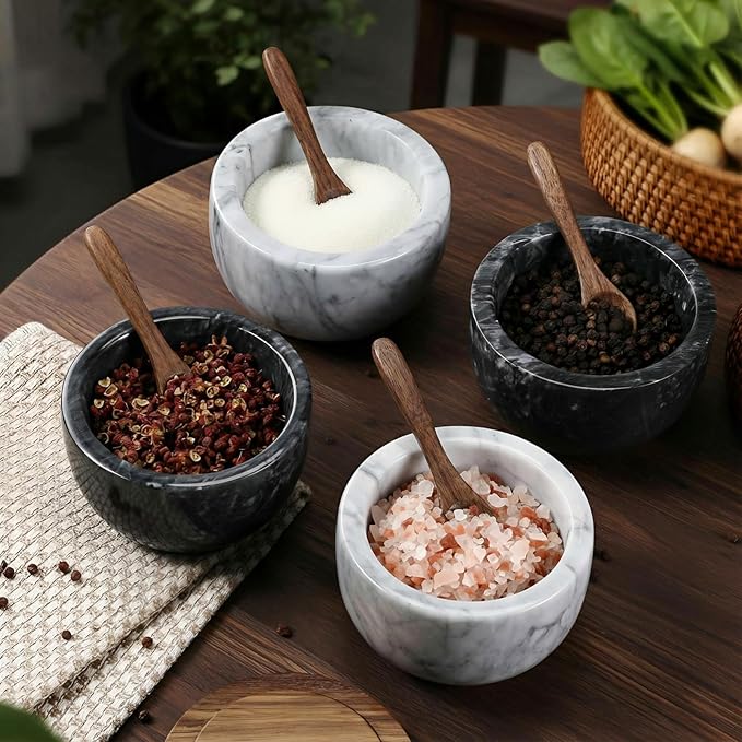 Marble Salt Cellar Set of 4 with Lid and Spoon, Natural Marble Spice Container Bowls with Acacia Wood Lids for Pepper Sugar Seasoning Storage, Kitchen Counter Pinch Bowl Set