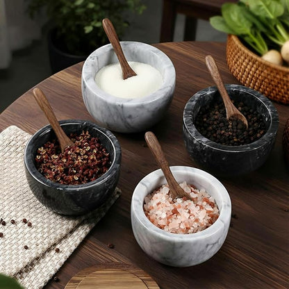 Marble Salt Cellar Set of 4 with Lid and Spoon, Natural Marble Spice Container Bowls with Acacia Wood Lids for Pepper Sugar Seasoning Storage, Kitchen Counter Pinch Bowl Set