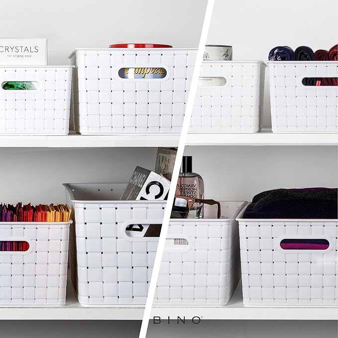 BINO | Plastic Storage Baskets Small - White | THE STABLE COLLECTION | Multi-Use Storage | Rectangular Cabinet Organizer | Baskets For Organizing with Handles | Home Office Organization and Storage