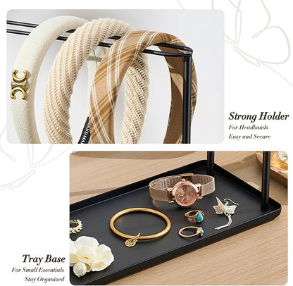 Headband Holder Organizer Metal 2-Tier with Tray: Hair Accessories Display Stand Storage Hairband Rack Necklace Stand Home Bedroom for Girls Women, Black