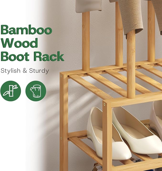 kiplant Small Boot Rack Organizer Tall Boots- 4 Pair Boot Rack Bamboo Wood Shoe Rack for Entryway & Closet, Holds Tall Boots