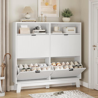 Xixini Shoe Cabinet with 4 Flip Drawers, 46" Tall Narrow Fluted Shoe Storage Organizer for Entryway, Hidden Slim Wooden Shoe Rack Cabinet for Front Door Entrance, Hallway, Living Room, Solid White