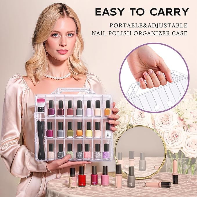 DreamGenius Nail Polish Organizer Case for 48 Bottles with 2 Nail Separators, Double Side Gel Nail Polish Holder with Adjustable Dividers, Clear