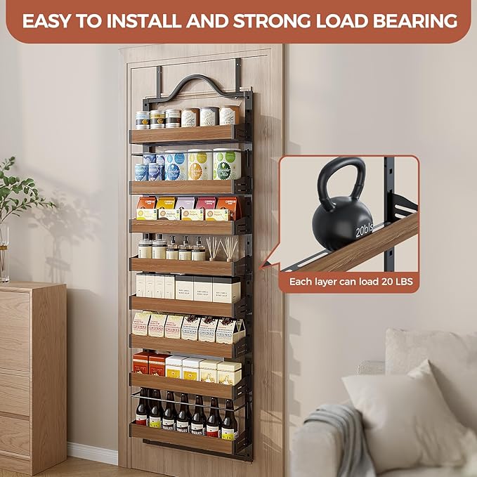 8-Tier Spice Rack Wall Mount, Heavy-Duty Over the Door Pantry Organizer with Wooden Adjustable Basket, 2 IN 1 Wall Mount or Hanging Pantry Door Organizer,Door Spice Rack for Pantry, Black