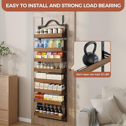 8-Tier Spice Rack Wall Mount, Heavy-Duty Over the Door Pantry Organizer with Wooden Adjustable Basket, 2 IN 1 Wall Mount or Hanging Pantry Door Organizer,Door Spice Rack for Pantry, Black