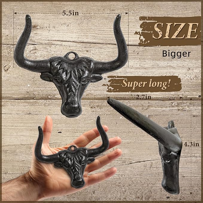 Cowboy Hat Holder for Wall Cowboy Hat Hook 2 Pack Bull Head Metal Hat Rack Cast Iron Hat Hanger Vintage Western Decor Longhorn Wall Decor Rustic Hooks for Closet Bedroom Living Room Western Gifts