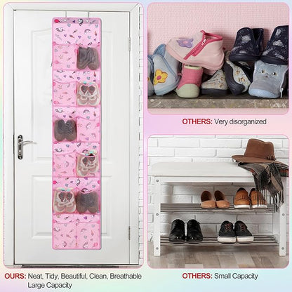 Windyun 2 Pcs Kids over The Door Shoe Organizer 24 Pockets Unicorn Baby Water Bottle Organizer Rack Hanging Girls Pink Shoe Storage for School Door Closet Bedroom Wall