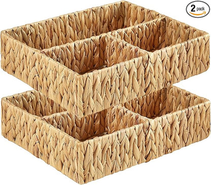 Vagusicc Wicker Divided Storage Basket, Hand-Woven Water Hyacinth Wicker Baskets, Basket for Drawer Organizing, 3 Section Rectangular Woven Storage Baskets, 2-Pack