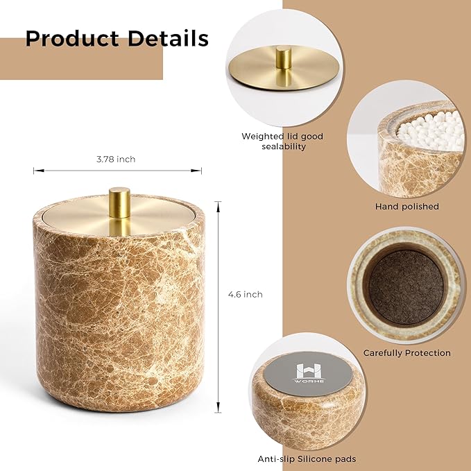 Marble Qtip Holder with Brass Lid for Cotton Swabs,Balls,Pads,Floss Picks Large Capacity Marble Apothecary Jar for Bathroom Essentials Decor, Vanity Makeup Storage Organizer Light Brown (WH080)