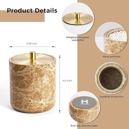 Marble Qtip Holder with Brass Lid for Cotton Swabs,Balls,Pads,Floss Picks Large Capacity Marble Apothecary Jar for Bathroom Essentials Decor, Vanity Makeup Storage Organizer Light Brown (WH080)