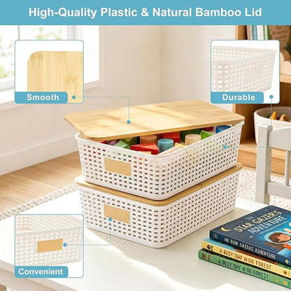 Bagnizer 4 Pack Plastic Storage Bins with Bamboo Lids, 6.2qt Stackable Storage Organizer Box with Lable for Pantry Shelves Drawers Desktop Office, 12"L x 8.3"W x 3.5"H, Cream White