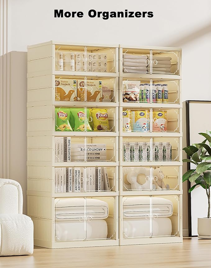 Folding Shoe Storage Cabinet with Clear Magnetic Doors, 6-Tier No-Assembly Shoe Rack Organizer, Stackable Large Capacity Shoe Box for Entryway, Closet, Fits Boots & Sneakers