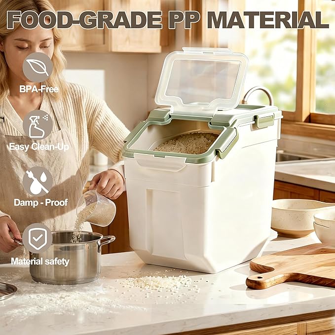 RUIAN 2Pcs Large Flour Storage Container Bin 50Lb Airtight Rice Storage Containers with Wheels Seal Locking Lid, BPA Free with Measuring Cup&Scoop for Flour, Rice, Grain 100LBS Total (Green)