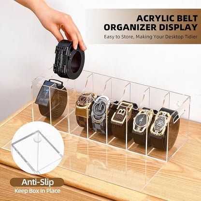Acrylic Belt Organizer with Dust Cover – Clear Belt Rack & Storage Box, 7-Compartment Belt Holder for Closet, Drawer or Wall Mount – Space Saving Tie & Accessory Organizer for Men & Women