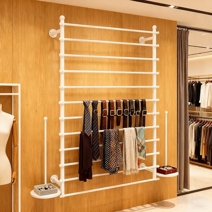 12 Layers 120cm White Wall Display Stand Wrapping Paper Ribbon Organizer Holder Storage Scarf Tie Belt Towel Spool Sewing Tool Hijab Metal Shelving for Home, Retail Stores, Flower Shop, Studio
