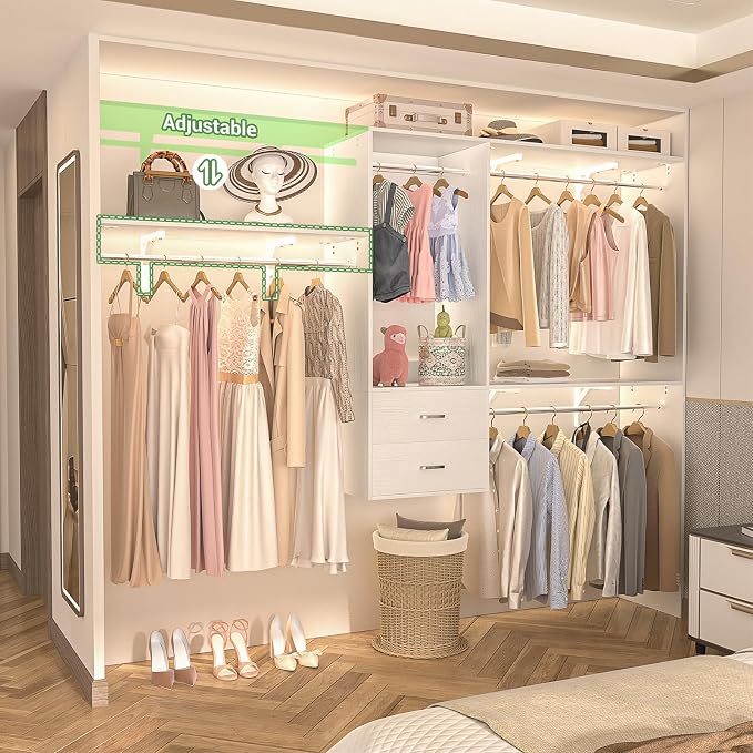 96 Hanging Closet System with 2 Wooden Drawers, 75"–87" Height Adjustable Closet Organizer System with Tower, 4-8FT Custom Closet Shelving System, Wall-Mounted Walk-In Closets Wardrobe, White