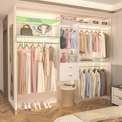 96 Hanging Closet System with 2 Wooden Drawers, 75"–87" Height Adjustable Closet Organizer System with Tower, 4-8FT Custom Closet Shelving System, Wall-Mounted Walk-In Closets Wardrobe, White
