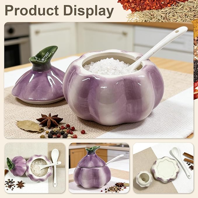 Ceramic Salt Container、Cute Onion Shaped Salt Cellar 、Salt Cellar with Lid and Spoon、Multi-Purpose Kitchen Spice Container for Salt Sugar or Spices Storage （Purple）