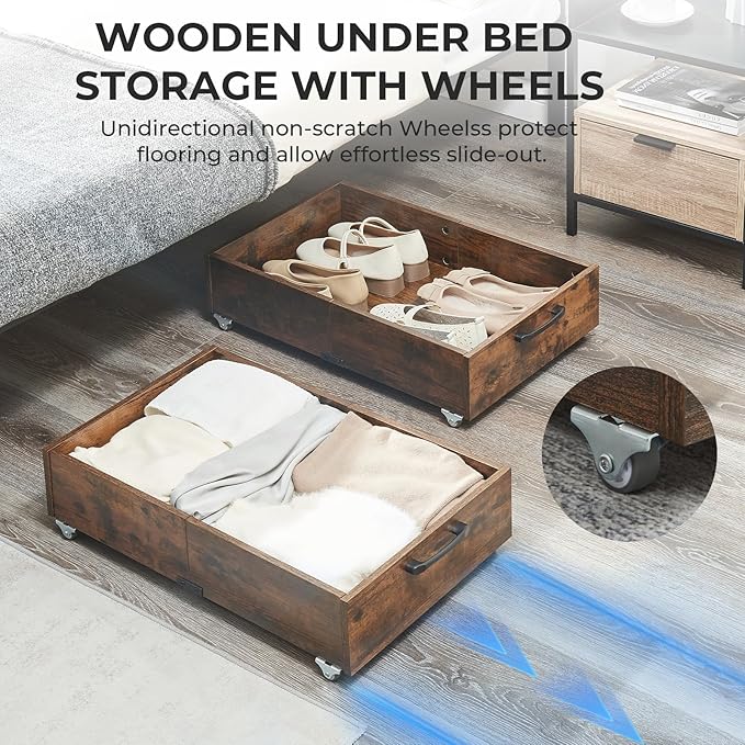 TIOPGHAD Under Bed Storage with Wheels, 2-Pack Under Bed Shoe Storage Organizer Drawer, Composite Wood Particleboard Organizer for Shoes Clothes Containers in Bedroom for Clothes,Shoes(Brown)