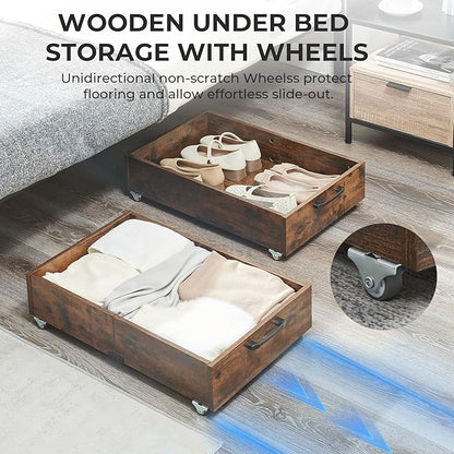 TIOPGHAD Under Bed Storage with Wheels, 2-Pack Under Bed Shoe Storage Organizer Drawer, Composite Wood Particleboard Organizer for Shoes Clothes Containers in Bedroom for Clothes,Shoes(Brown)