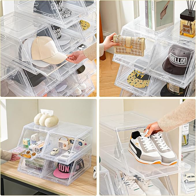 Amllas 2 Pack Stackable Hat Organizer for Baseball Caps, Large Clear Hat Holder with Sliding Drawer, Hat Storage Box with Door, Baseball Cap Organizer