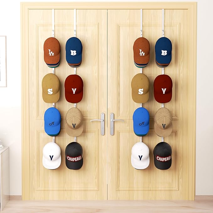 HapiRm Over Door Hat Rack - 4 Packs Metal Hanging Hat Organizer with 16 Hooks Design, Baseball Cap Hanger Organizer Storage Holds up to 80 Caps for Door, Bedroom, Closet(White)