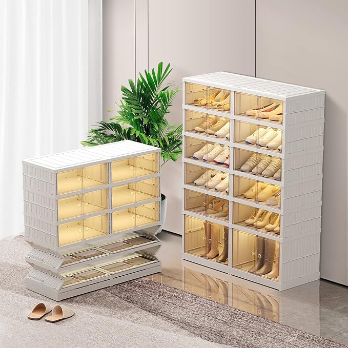 CIMLORD 6-Tier Foldable Shoe Rack Organizer for Closet 24Pairs Plastic Shoe Shelf Collapsible Shoes Storage Box Clear Shoe Boxes Stackable with Door Easy Assembly Shoe Cabinet with Lids Large