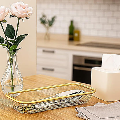4 Pcs Gold Kitchen Drawer Organizer, Stainless Steel Silverware Container, Stackable Mesh Storage Baskets, Gold Utensil Holder for Holding Knife, Fork, Spoon, 12 x 5 x 2 Inch
