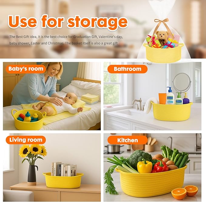 ShellKingdom Storage Basket with Handles, Empty Gift Basket for Christmas with Gift Bags and Ribbon, Small Woven Baskets for Home, Nursery Storage Organizer, 12 X 8 X 5 INCH, Yellow