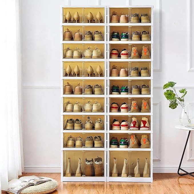 Shoe Box Foldable Storage Box Easy Assembly Clear Plastic Stackable Shoe Storage Organizer Cabinet Shoe Container with Lids Large Size Shoe Rack (9 layers)