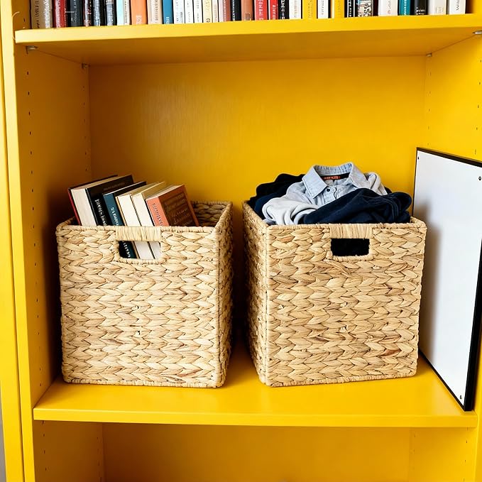 12x12in Storage Baskets,Set of 4 Water Hyacinth Baskets,Wicker Cube Baskets Laundry Organizer,Foldable Handwoven Storage Cubes,for Cube Shelf,Collapsible Laundry Baskets Pantry,Living Room,Bedroom