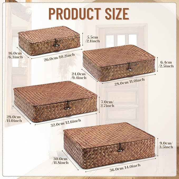 Didaey Set of 4 Seagrass Basket with Lid Wicker Storage Basket Decorative Storage Boxes with Lids Flat Storage Bins Woven Organizer Baskets for Shelf Closet Bedroom, 4 Sizes (Dark Brown)