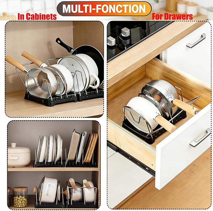 Adjustable Pot Lid Holder with Drip Tray, 2 in 1 Pot Lid Organizer & Spoon Rest, Stainless Steel Lid Holder for Countertop & Cabinet While Cooking, Space Saving Kitchen Pot Cover Rack, Easy Clean