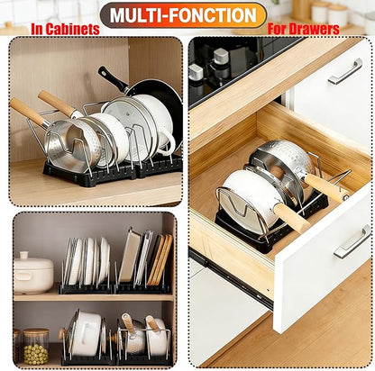 Adjustable Pot Lid Holder with Drip Tray, 2 in 1 Pot Lid Organizer & Spoon Rest, Stainless Steel Lid Holder for Countertop & Cabinet While Cooking, Space Saving Kitchen Pot Cover Rack, Easy Clean