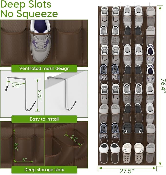 Over the Door Shoe Organizer with 40 Large Breathable Mesh Pockets, Space Saving Shoe Holder, Hanging Shoe Rack for Entryway Bedroom Closet Storage (Brown, 40 Pockets)