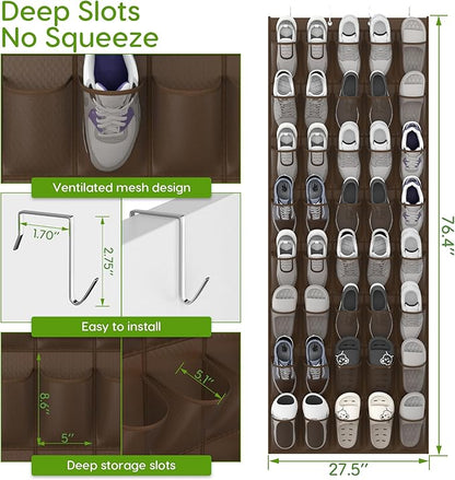 Over the Door Shoe Organizer with 40 Large Breathable Mesh Pockets, Space Saving Shoe Holder, Hanging Shoe Rack for Entryway Bedroom Closet Storage (Brown, 40 Pockets)