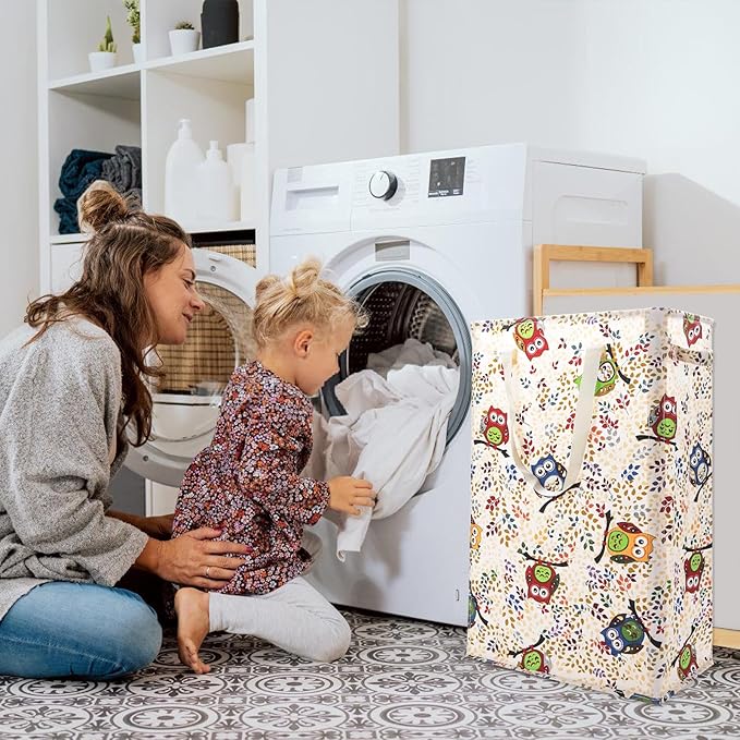 Odonata Slim Laundry Hamper Handles Collapsible Laundry Basket Thin Dirty Clothes Basket Narrow Laundry Bag Foldable Dirty Hamper 48L (Owl)