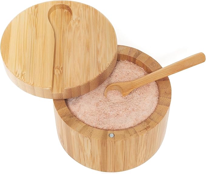Lipper International Bamboo Wood Salt and Spice Box with Spoon and Swivel Cover, 4" Diameter x 2.75" Tall