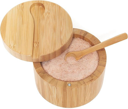 Lipper International Bamboo Wood Salt and Spice Box with Spoon and Swivel Cover, 4" Diameter x 2.75" Tall